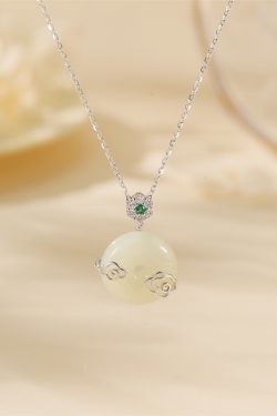 Classy Natural Hetian Jade Peace Buckle Necklace for Women with Blue and White Porcelain and Silver Collarbone Chain, Elegant Jewelry
