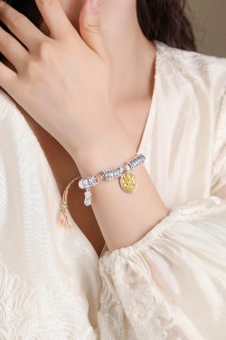Classy Sterling Silver Bracelet for Women with Yellow财神 Woven Cord Ornament - Elegant Fashion Accessory