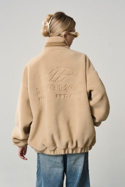Cleanfit Street Style Lamb Fleece Zip-Up Jacket with Logo Embroidery and Stand Collar, Perfect for 90s and Y2K Fashion Trends