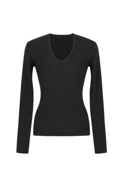 Color-Added Black V-Neck Knitted Long Sleeve Top for Women - Practical Base Layer for Spring and Summer Fashion