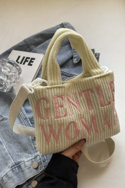 Color-Block Casual Knitted Tote Shoulder Bag with Embroidered 'Gentle Woman' - Trendy 2025 Fashion Accessory