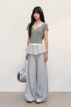 Color-Block Faux Two-Piece Short-Sleeve Women's V-Neck Tie-Back Halter T-Shirt - Trendy Summer Top for 2025 Fashion Enthusiasts