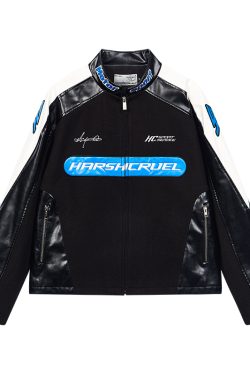 Color-Block Leather Patchwork Racing Jacket - Short Padded Motorcycle Style for Edgy Fashion Lovers
