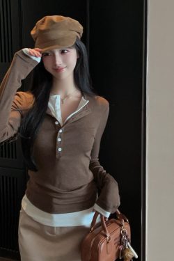 Color Block Long Sleeve T-Shirt for Women - Slim Fit V-Neck Fake Two-Piece Autumn Winter Top - Stylish Casual Layering Essential