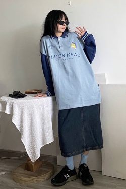 Color Block Polo Collar Embroidered Terry Sweatshirt - Handmade Loose Fit Unisex Fashion in Japanese Style for Autumn