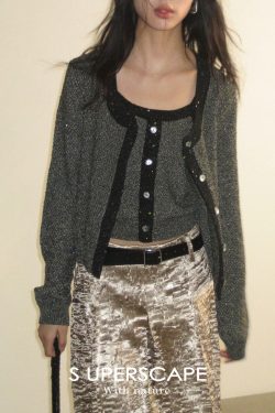 Color-Block Sequined Knitted Jacket for Early Spring - Trendy Layering Piece for 90s and Y2K Fashion Lovers