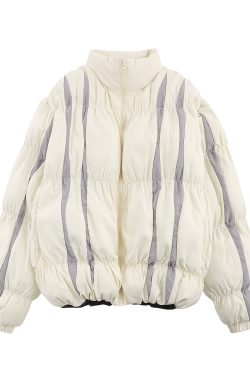 Color Block Spliced Pleated Cotton Puffer Jacket for Couples - 2022 Winter High Street Trendy Warm Outerwear