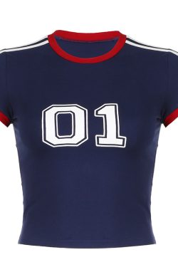 Color-Blocked Cropped T-Shirt with Striped Letters - Slim Fit Round Neck Short Sleeve American Street Casual Style