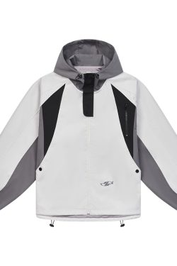 Color-Blocked Deconstructed Arc-Shaped Hooded Jacket - Trendy Y2K Style Outerwear for Fashion-Forward Looks