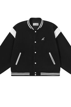 Color-Blocked Embroidered Baseball Jacket in Coarse Wool Fabric - Clean Fit, Trendy Streetwear Style
