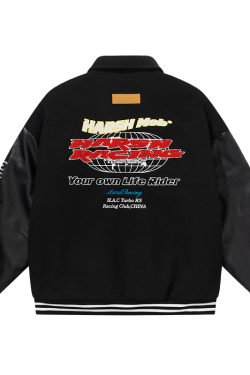 Color-Blocked Embroidered Racing Sports Jacket - Casual Street Style, Loose Fit, Towel Fabric, Trendy Urban Fashion