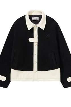 Color-Blocked Lamb Wool & PU Leather Minimalist Embroidered Short Warm Lapel Jacket for Chic Fall Style