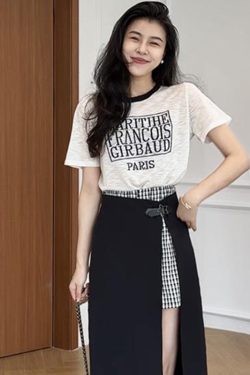 Color-Blocked Letter Print Short Sleeve Top & Faux Two-Piece Half Skirt Pants Fashion Set for Stylish Outfits