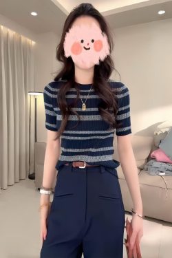 Color-Blocked Striped Hollow-Out Thin Knit Top for Women - European Style Round Neck Short Sleeve T-Shirt - Summer 2025 Fashion