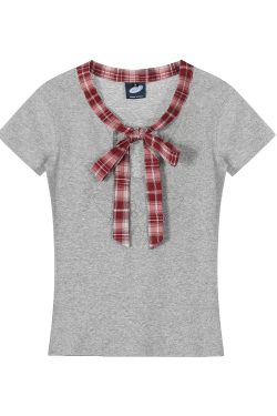 Color-Blocking Faux Two-Piece Short T-Shirt with Bow, Embroidered Slim-Fit Waist-Cinching Top for Sexy 90s-Inspired Look