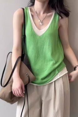 Color-Blocking Faux Two-Piece Vest for Women - V-Neck Sleeveless Fitted Summer Top, Trendy 2025 Fashion