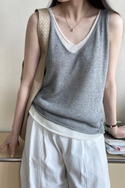 Color-Blocking Faux Two-Piece Vest for Women - V-Neck Sleeveless Top, 2025 Summer High-End Fashion, Trendy Casual Wear