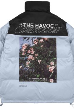 Color-Blocking Floral Print Loose Quilted Down Cotton Jacket with Sky Photography Design - Street Style Outerwear