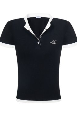 Color-Blocking Slim-Fit Henley T-Shirt for Women - Trendy Casual Short Sleeve Top, American Style, Versatile Hot Girl Fashion
