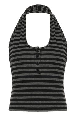 Color-Blocking Striped Halter Top - Slim-Fit Deep V-Neck Backless Design for European American Street Style Fashion
