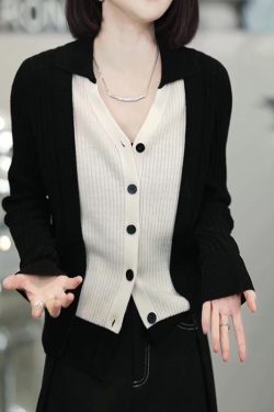 Color-Blocking V-Neck Knitted Cardigan for Women - Slim Fit Sweater Jacket, 2024 Autumn Style, Trendy Layering Piece