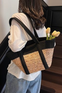 Color-Blocking Woven Tote Bag for Women - 2025 Summer Vacation Beach Straw Handheld Basket Bag