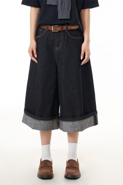 Color Pleated Edge Denim Capris for Women - Vintage Loose Wide-Leg Slimming Versatile Shorts in 90s American Style