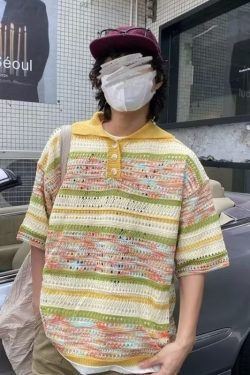 Colorful Gradient Hollow Knit Polo Shirt for Men and Women, Casual Loose Fit Summer Top, American Fresh Style, Y2K Fashion