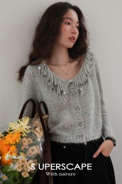 Colorful Sequin Swan Collar Tassel Beaded Knitted Cardigan - Soft Plush Y2K Style Sweater for Trendy Layering