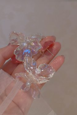 Colorful Transparent Petal Earrings for Women - Long Pink Heart-Shaped Seaside Vacation Ear Accessories, Mosquito Coil Ear Clips