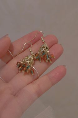 Colorful Vintage Ethnic Round Bead Pendant Earrings - Hollow Tibetan Clip-On Design for Travel & Niche Fashion