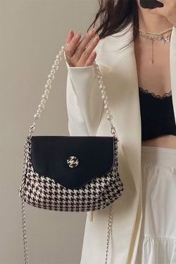 Contrasting Color Chain Underarm Bag for Women, High-End Houndstooth Pearl Single-Shoulder Crossbody Bag, Trendy Fashion Accessory