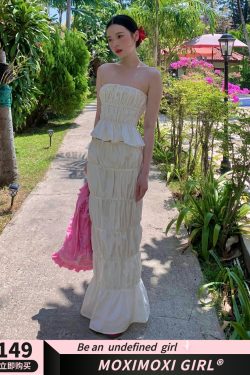 Cream Tie-Dye Pleated Strapless Skirt Set with Drawstring Waist for Vacation, Beach, or Summer - Chic Elastic Design