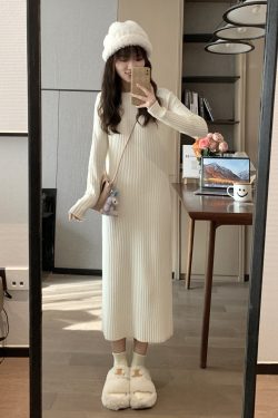 Cream White Loose Waist-Defining Knitted Long Inner Dress - Spring Style, Thick Fabric for a Flattering Silhouette