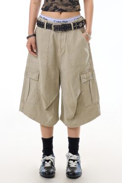 Cropped Retro Apricot Cargo Pants for Women, American Style Pleated Multi-Pocket Wide-Leg Shorts, Casual Y2K Fashion