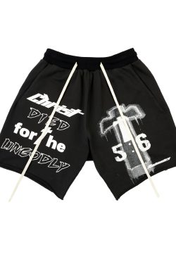 Cross Covenant Hand-Drawn Illustration Classic Slogan Shorts Hip Hop Retro Summer Trendy Five-Point Pants