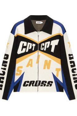 Cross Driver Wool Knitted Racing Sweater Zipper Jacket for Men - Stylish 90s-Inspired Knitwear, Perfect for Casual and Sporty Looks