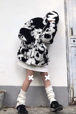 Curry People Winter Lamb Fleece Jacket Cow Print Zipper Stand Collar Thick Coat Loose Fit for Couples