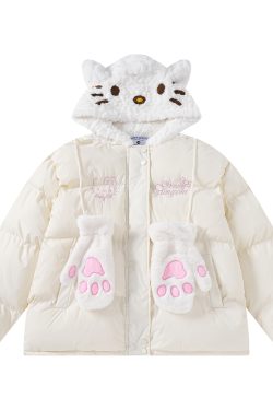 Cute Hello Kitty Plush Hooded Jacket for Women - Loose Warm Cotton Winter Coat with Gloves, Sweet Casual Style