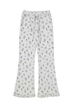 Cute Kitty Printed Casual Pants for Women - Korean Style Slim-Fit Flared Long Cotton Pants, Lightweight and Trendy Fashion Bottoms