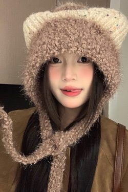 Cute Plush Cat Ear Tie-Up Hat for Women - Warm Cold-Proof Pull-On Beanie, Large Head Circumference, Perfect for Autumn & Winter