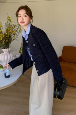 Dark Blue Short Chanel-Style Coat for Women, 2025 Spring Autumn Fashion, Unique Fit for Petite Sizes, Trendy Elegant Outerwear