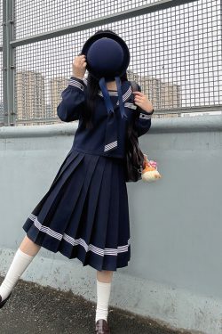 Dark Blue Three-Piece Japanese Style JK Uniform Set for Women | Long Sleeve Pudding Bear Design | Spring Fashion 2023