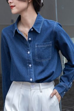 Dark Blue Vintage Layered Denim Shirt for Women - Soft Autumn Winter 2024 Style for Petite Fashion Enthusiasts