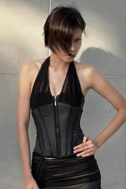 Dark Night Motorcycle Style Zipper Halter Top - Waist-Adjustable Slim Fit Sexy Versatile Tank for Y2K and 90s Fashion