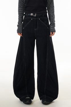 Deconstructed Straight-Leg Jeans for Women - American Style Wide-Leg Pants with Curved Knife Silhouette, Trendy Casual Fashion