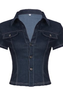 Deep Blue Faux Denim Shirt - American Street Style Spicy Girl Short Top, Pocket Detail, Sexy Slim Fit Workwear, Trendy Y2K Fashion