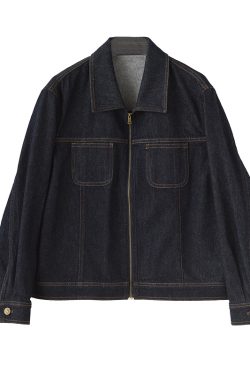 Deep Blue Retro Zip-Up Collar Denim Jacket - Eco-Friendly, Loose Fit, Casual Versatile Style for Effortless 90s-Inspired Fashion