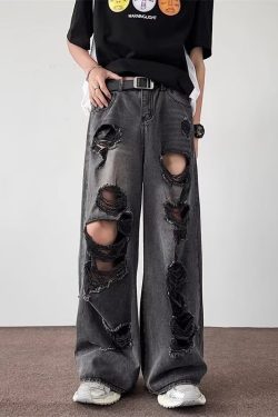 Distressed Baggy Men's Summer Streetwear Jeans, Loose Wide-Leg American High Street Straight-Leg Trousers for Casual Style