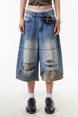 Distressed Camouflage Patchwork Denim Capri Pants for Women - Loose Straight Design, Trendy American Style Wash
